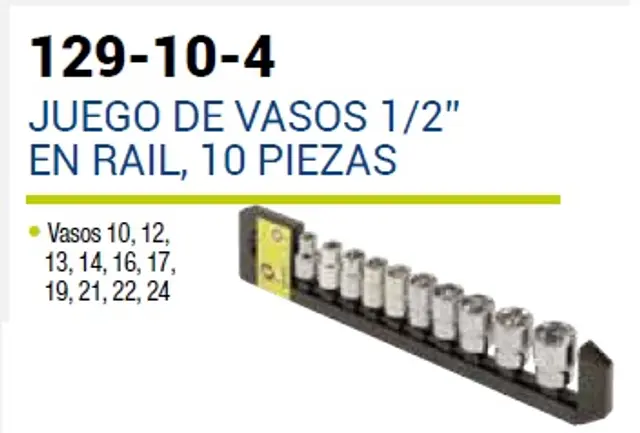 JUEGO DE VASOS 1/2" EN RAIL, 10 PIE